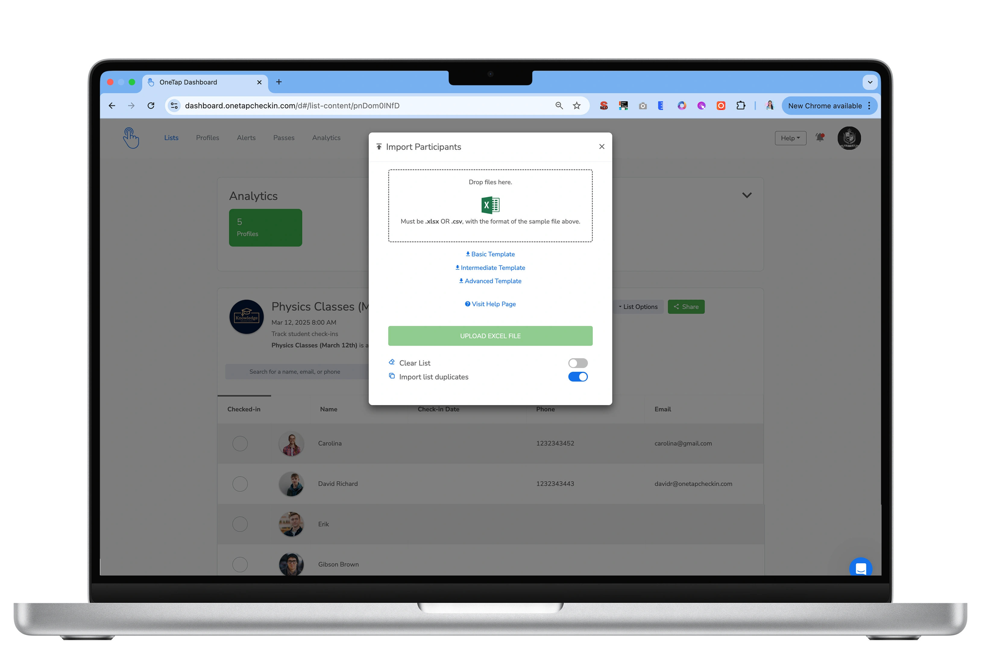 Create a list for the onetap digital attendance sheet